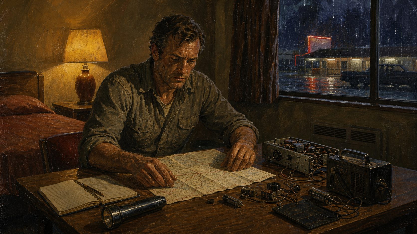 A veteran considers a map and his next decision in a motel room