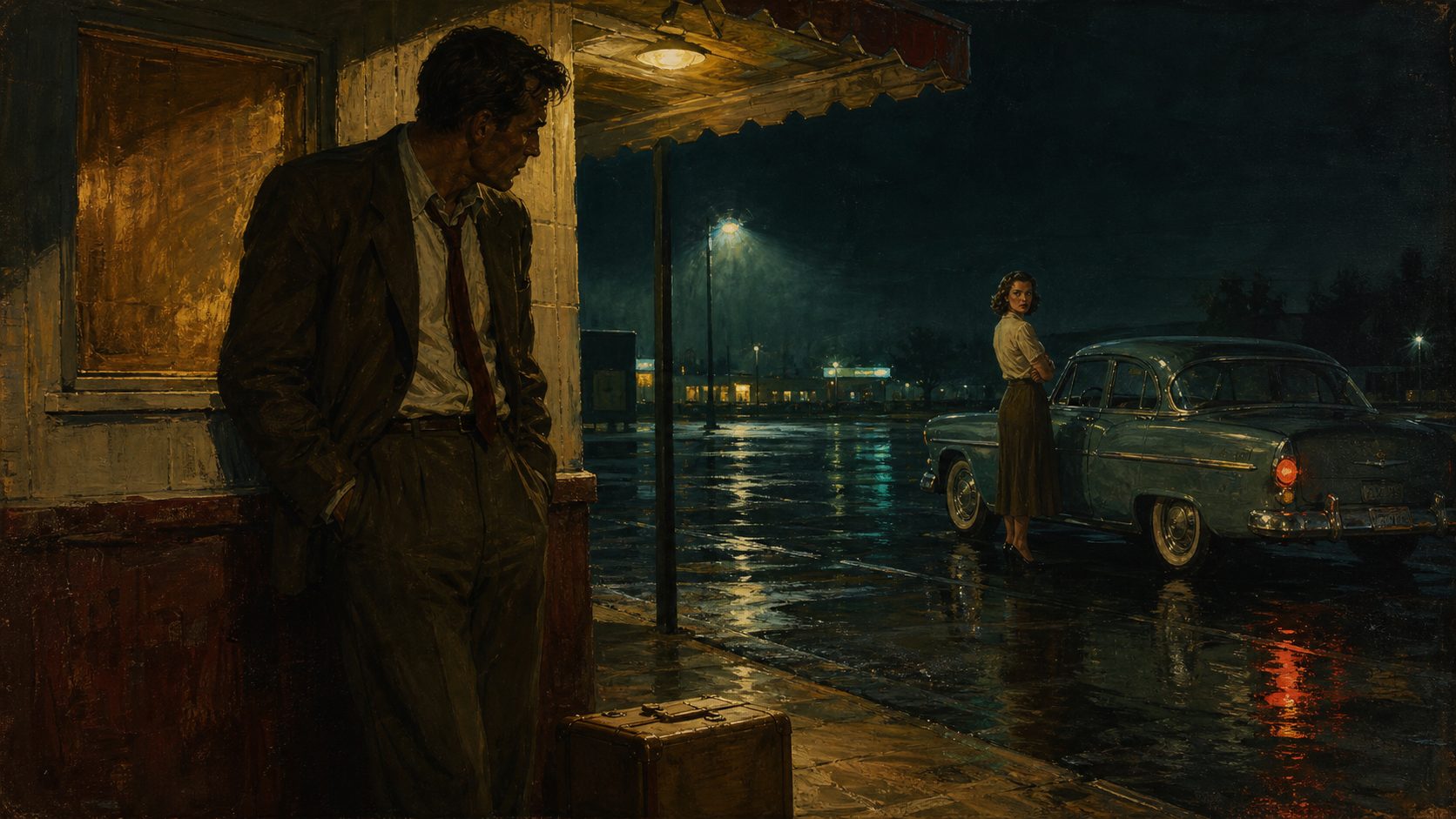 Two people face the consequences of a plan in a rain-soaked American night